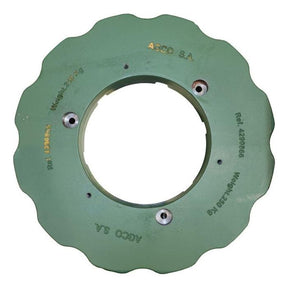 A green metal disc weighing 250kg, marked with "AGCO" and the reference number "4290866M3". Ideal for Massey Ferguson tractor parts, it features a central circular cutout and several mounting holes for easy installation.