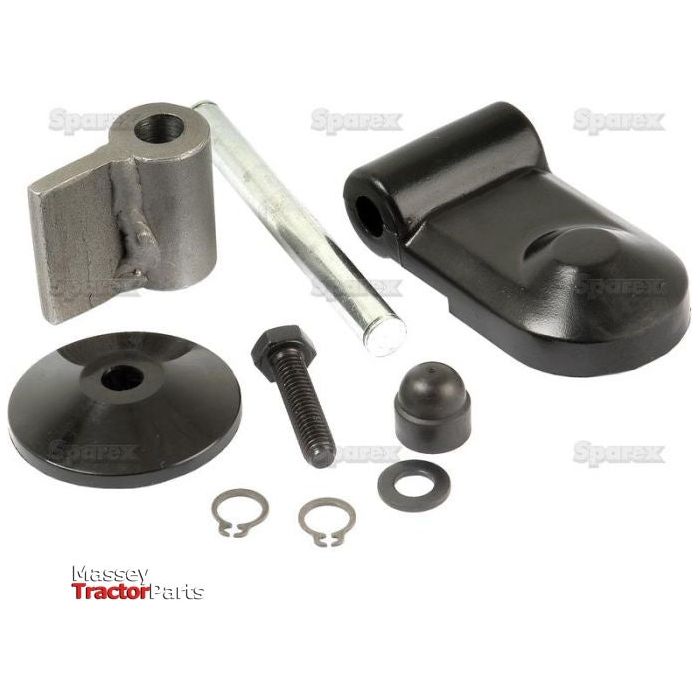 A collection of assorted tractor parts including a hinge, bracket, rod, bolt, washers, and clips on a white background. This set features components from the Sparex Window Hinge Kit (Side and Rear), Part No. S.101023, suitable for both Case IH and Ford New Holland models.