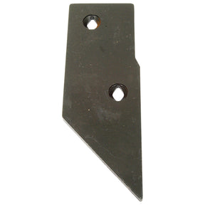 A close-up of a flat, black metal blade with two round holes, a bevelled edge, and a notch on one side. Perfectly crafted to fit Sparex Fasteners, this Wing 4'' RH blade (Sparex Part No. S.22788) ensures durability and precision in every cut.