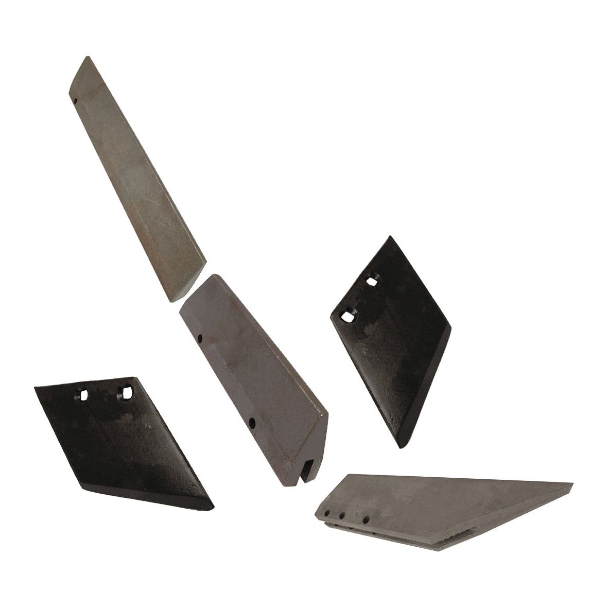 Isolated image of five Wing 6'' 2 Hole RH G1425P01B parts from Sparex, arranged in various angles against a plain white background, showcasing FLATLIFT technology.