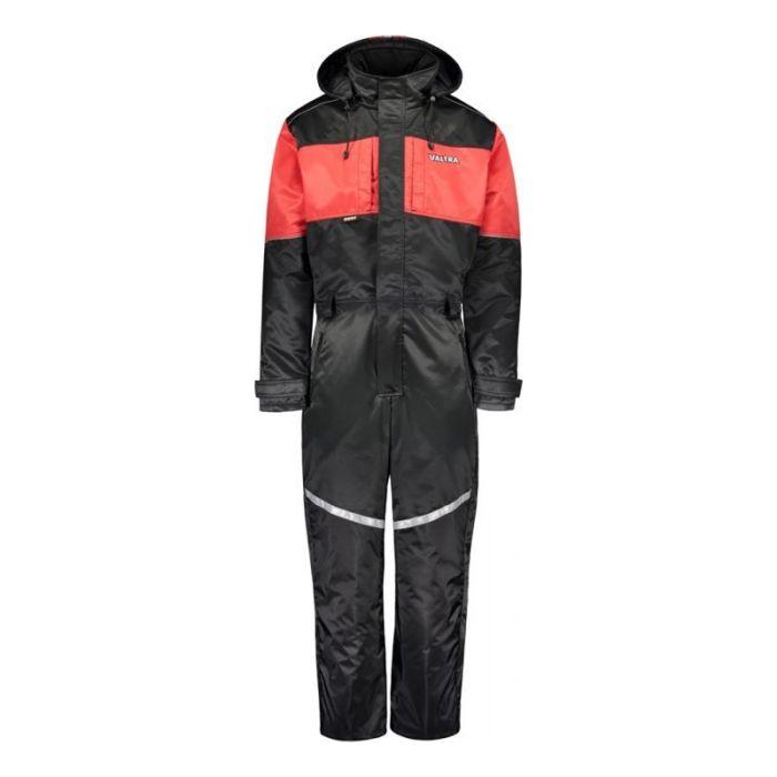 The Valtra Winter Overalls (model V4280910) by AGCO feature a black and red waterproof design with a hood, front zipper, reflective details, and branded text on the chest. These warm overalls ensure comfort while their water-repellent leg material keeps you dry.