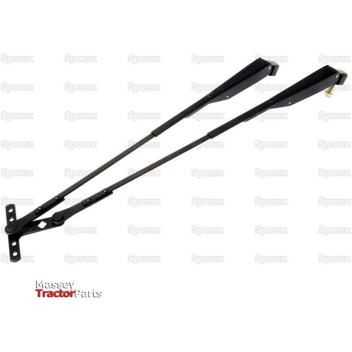 Two long black tractor windshield wiper arms, each sized between 16 - 20 inches (400 - 500mm) and labeled as Sparex Part No.S.13115, include mounting hardware and are accompanied by high-quality wiper blades. The items are displayed on a white background with the Massey Tractor Parts logo visible at the bottom left corner.