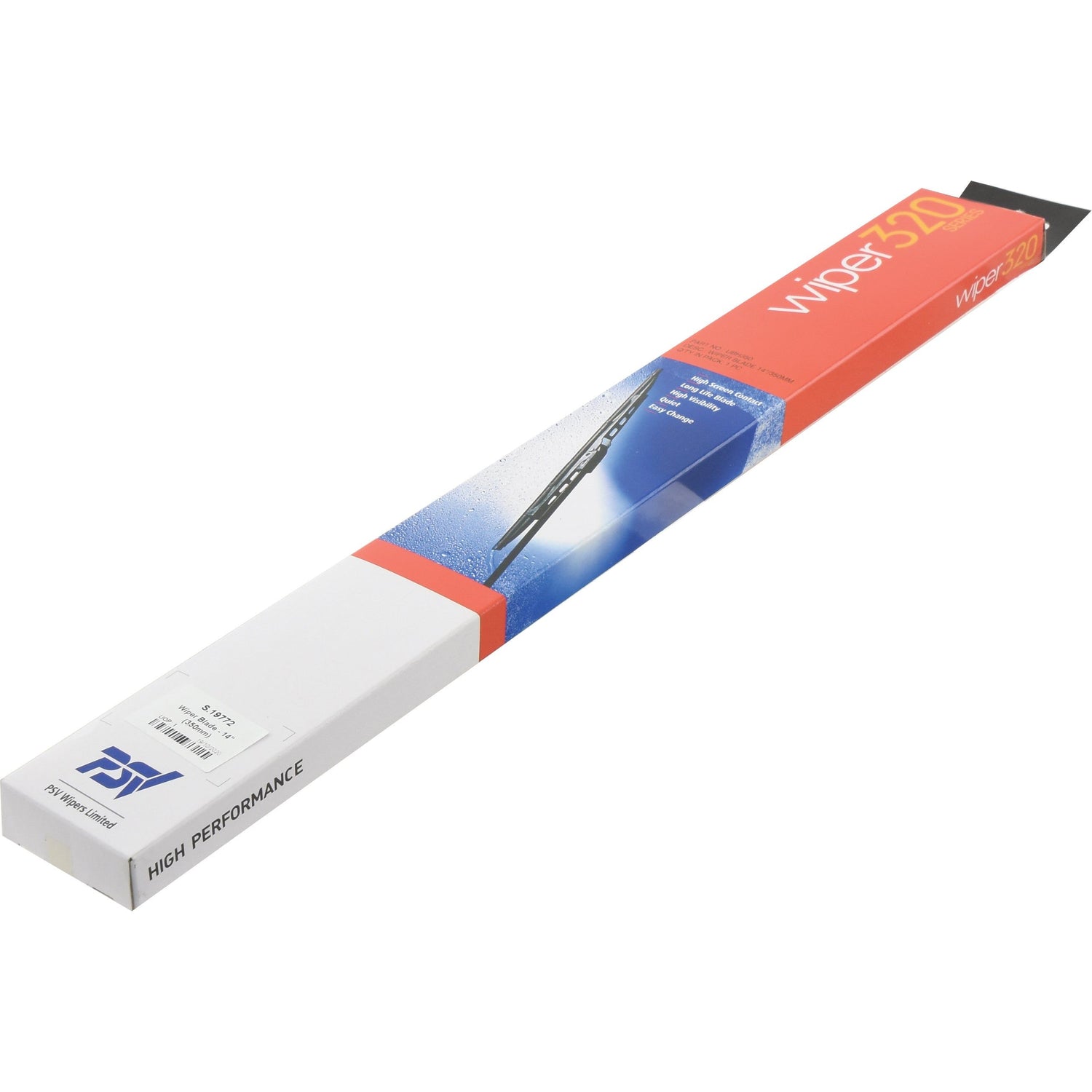 A boxed wiper blade labeled "Wiper Blade - 14'' (350mm) 1 pc. + S.14730 | Sparex Part No.S.19772" with blue and red packaging, branded by Sparex, displays the 14'' (350mm) product partially covered in water droplets and touts its high-performance features.