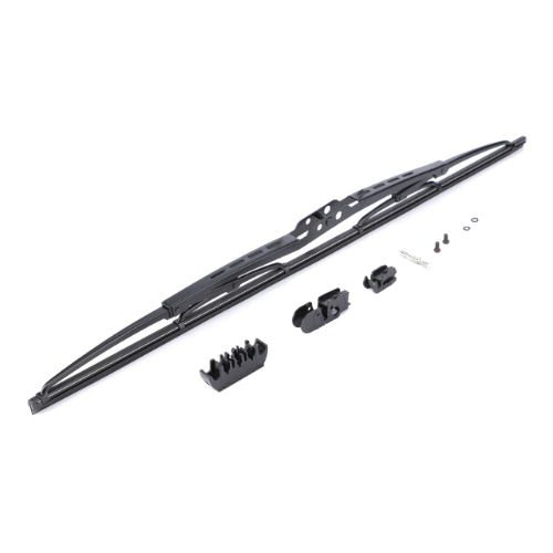 A black Massey Ferguson - Wiper Blade (part number 3620127M91) by AGCO, compatible with Massey Ferguson 300 Series tractors, is arranged on a white background alongside various mounting hardware components.