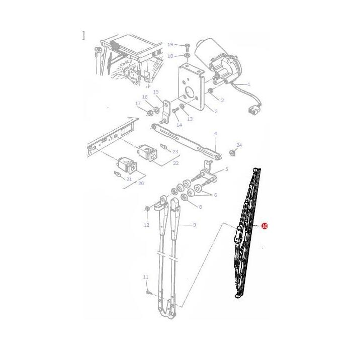 A diagram showing an exploded view of the Massey Ferguson - Wiper Blade - 3620129M91 windshield wiper mechanism by AGCO, including motor, wiper blades, arms, and various components with numbered labels for each part.