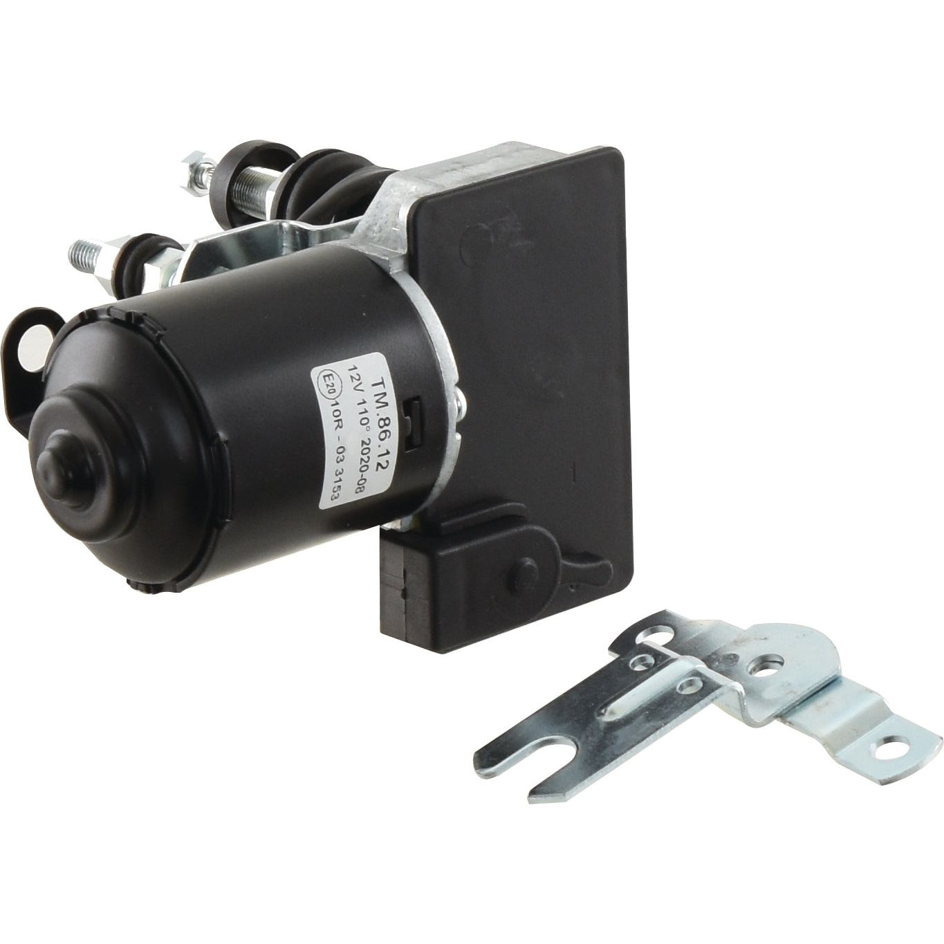 A compact motor assembly featuring a cylindrical black 12V Wiper Motor (Sparex Part No. S.24711) connected to a rectangular metal bracket with screws and a silver metal mounting piece nearby, suitable for Massey Ferguson tractors.