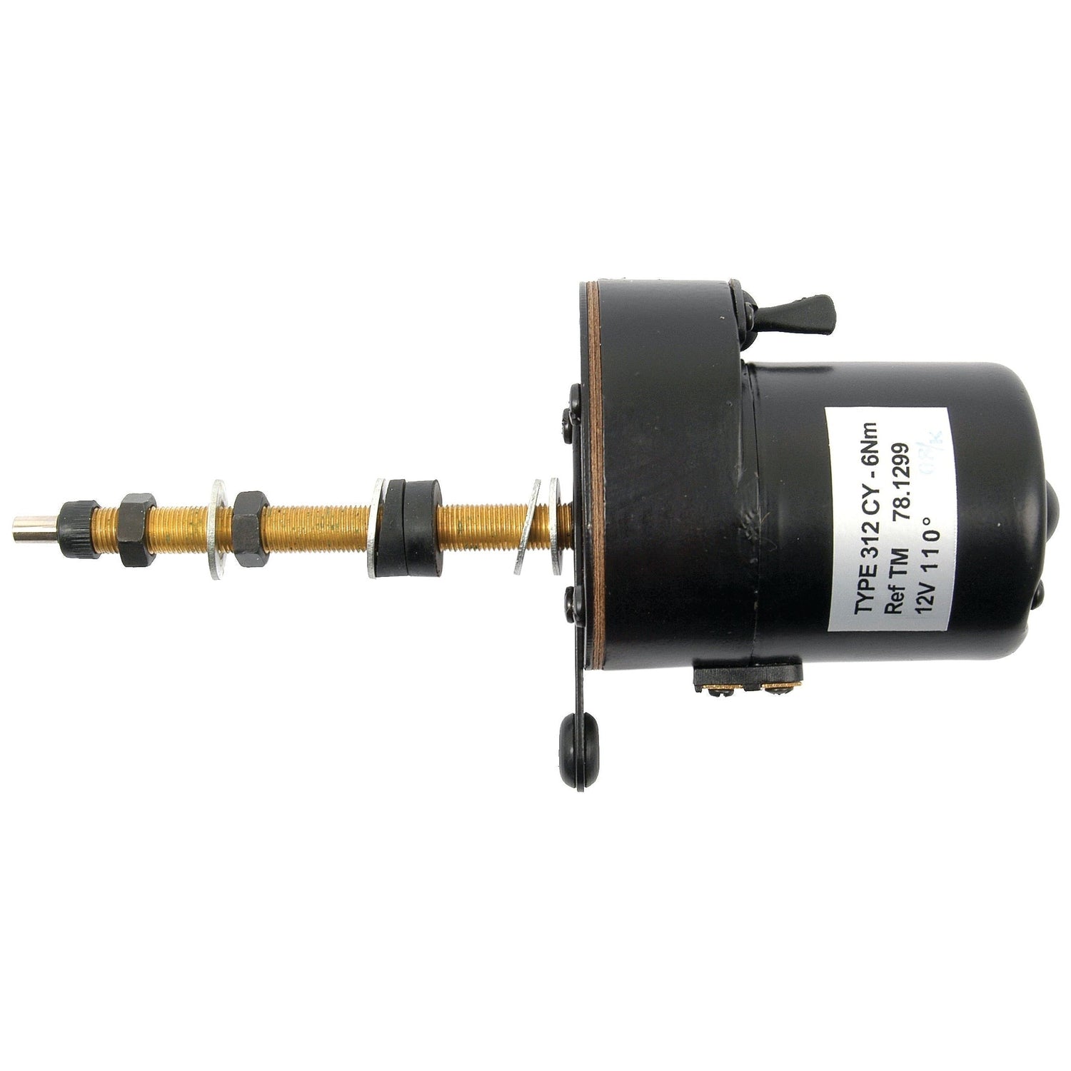 The Sparex Wiper Motor 12V (Sparex Part No. S.35442) features a threaded rod, metal washers, and accompanying hardware attached. Components labeled "Type132YC-60N" and "12V 1100" are clearly visible on the side, ensuring efficient performance in various applications.