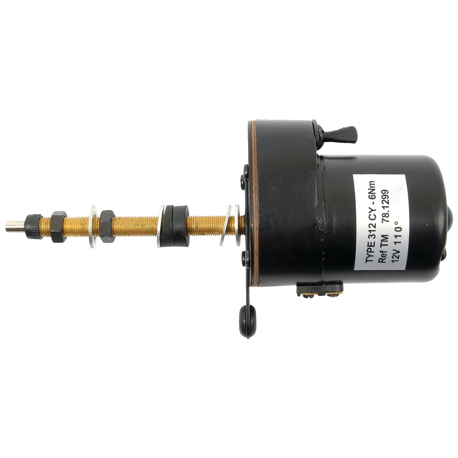 Side view of an electric gear motor with a threaded shaft, labeled "Wiper Motor 12V | Sparex Part No.S.35442," ideal as a Sparex wiper motor replacement.