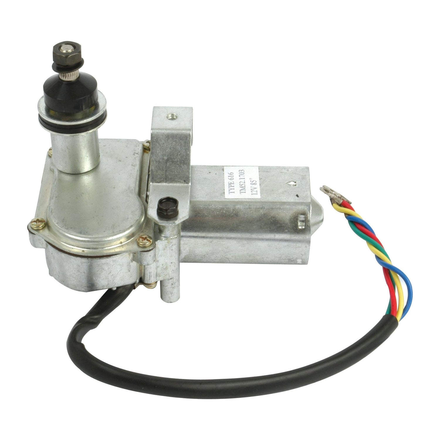 A small, silver metal motor with a black plastic top, multicolored wires that are stripped and bare at the ends, and a label. It's a Sparex Wiper Motor 12V with 2-speed functionality (Sparex Part No. S.35462).