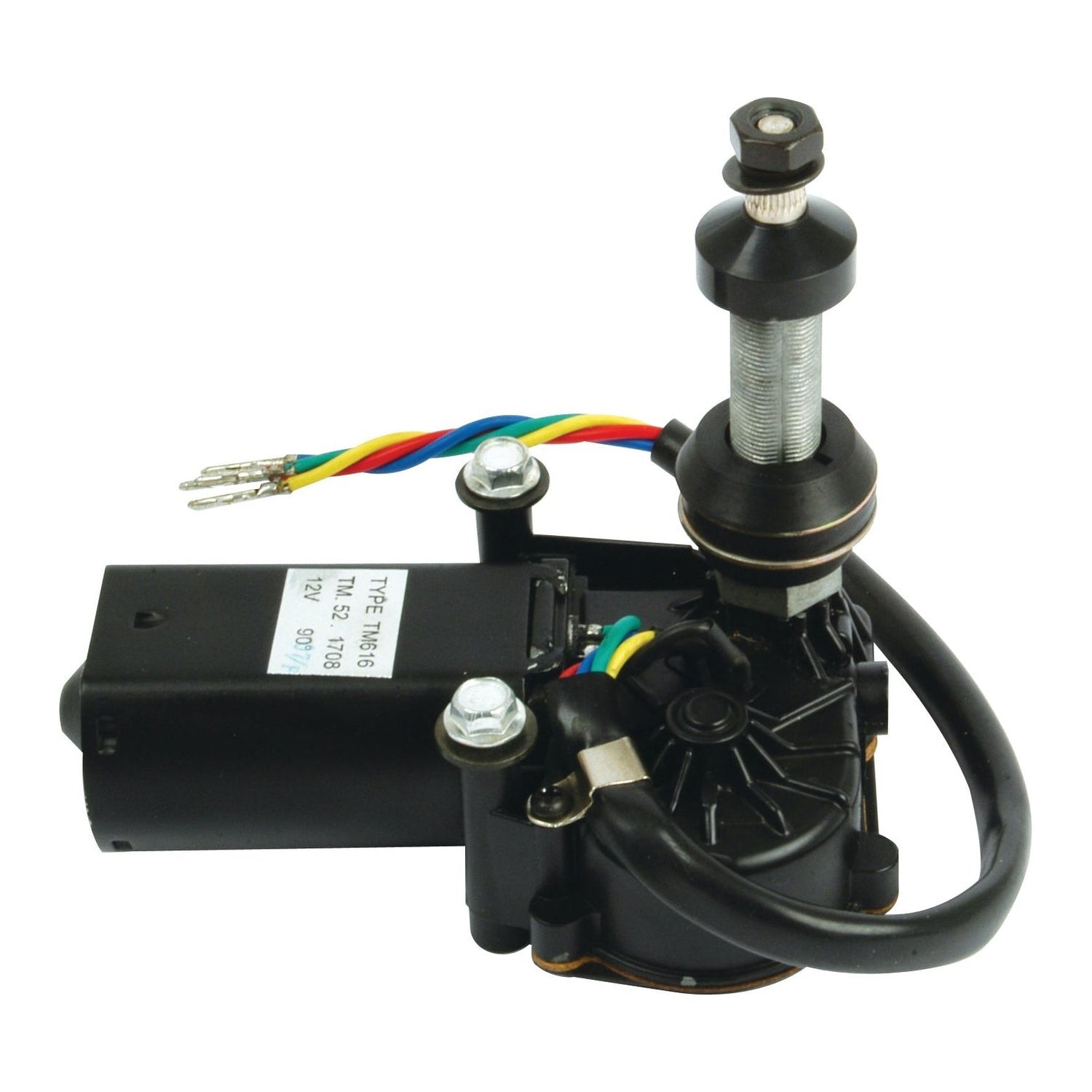 The Sparex Wiper Motor 12V (Part No. S.35464) from the brand Sparex comes equipped with an attached threaded rod and multi-colored wires, making it ideal for use as a wiper motor.
