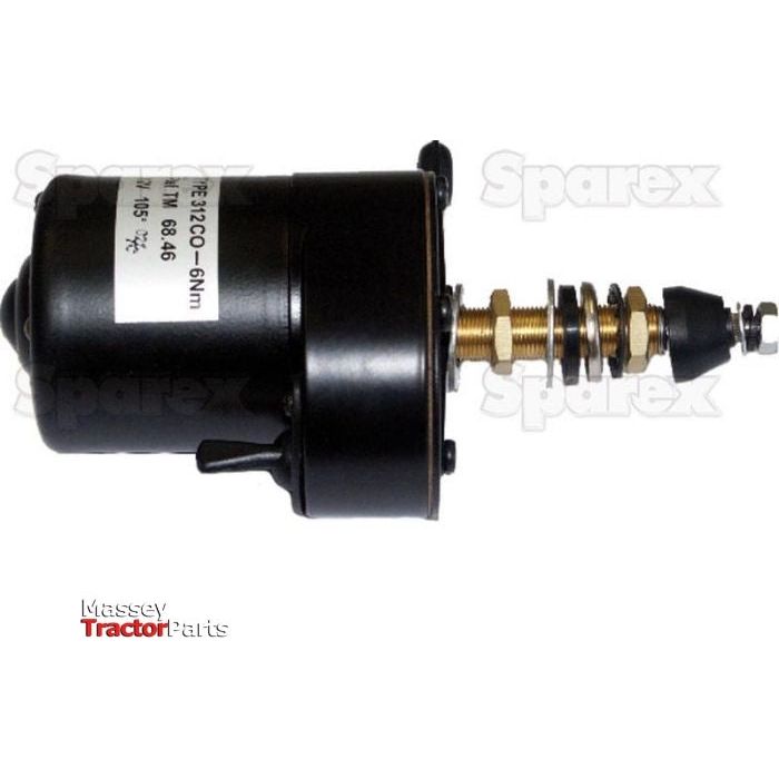 Black mechanical component with a series of metal coils and a threaded section, labeled "Massey Tractor Parts" and featuring the Sparex Part No. S.24789. This 12V Wiper Motor by Sparex offers an adjustable shaft length for versatile applications.