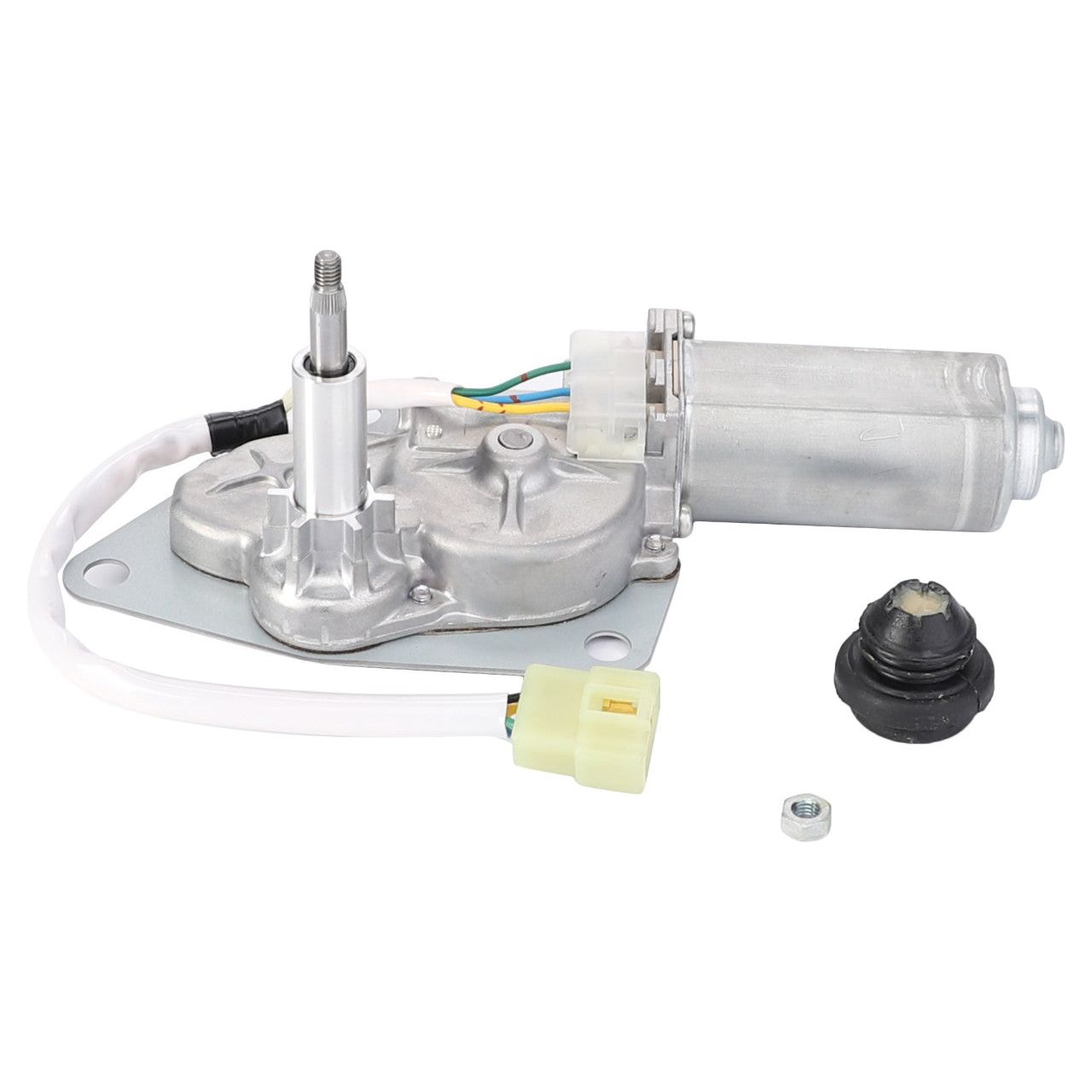 AGCO's Massey Ferguson - Wiper Motor - 6243495M91 is a silver automotive part featuring an attached wiper motor, a black rubber component, a white electrical connector, and a small nut, all set against a white background. Perfect for Massey Ferguson tractors needing single-speed operation.