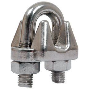 The Sparex Wire Rope Clip, Stainless Steel (Sparex Part No.S.21583), is designed for securing wire rope ends and features a U-bolt with two hex nuts, suitable for wire with an Ø6mm (1/4'') diameter.