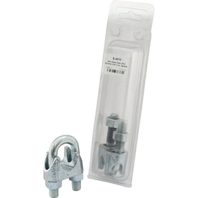 A Wire Rope Clip, suitable for wire Ø19mm (3/4''), is placed next to its transparent Agripak packaging with a clear product label. The metallic clip, branded Sparex Part No.S.4010, features two bolts.