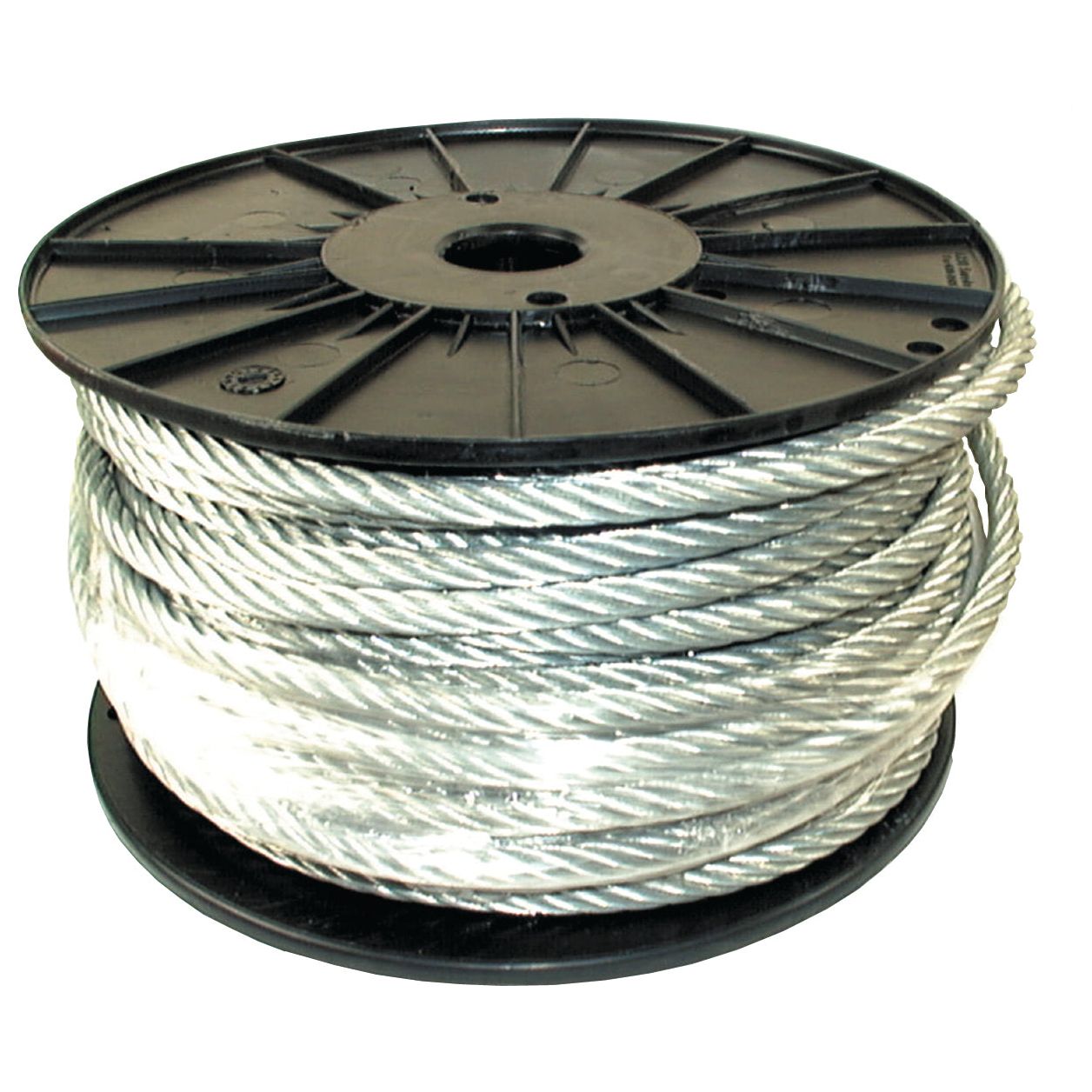 A large spool of Sparex Wire Rope With Steel Core (Sparex Part No. S.8864) featuring a thick, silver braided cable with a breaking load of 1500 kg, coiled around a sturdy black plastic reel.