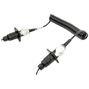 The Sparex Wired Vehicle Camera Extension Cable and Coupling, part number S.23977, is a coiled black cable with two black connectors protected by covers on each end, featuring a length of 3500mm. It is used for electrical connection or data transfer.