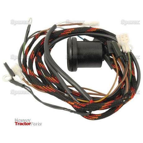 The Sparex Wiring Harness (Part No. S.41170) features a bundle of electrical wiring with various connectors attached, all wrapped in a black, red, and orange braided sleeve. This wiring harness appears to be suitable for tractors or machinery, specifically compatible with the Perkins AD3.152 engine found in some Massey Ferguson models.