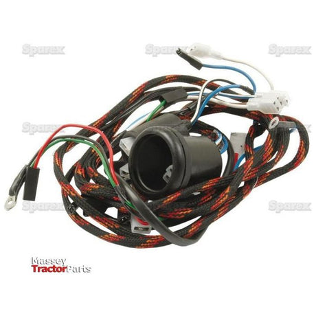 A coiled wiring harness with various colored wires and connectors, used for electrical connections in machinery. The background features the logo "Massey Tractor Parts" and is compatible with Perkins A4.212 engines, making it an ideal choice for Massey Ferguson equipment. This product is known as the Wiring Harness | Sparex Part No.S.41171 by the brand Sparex.