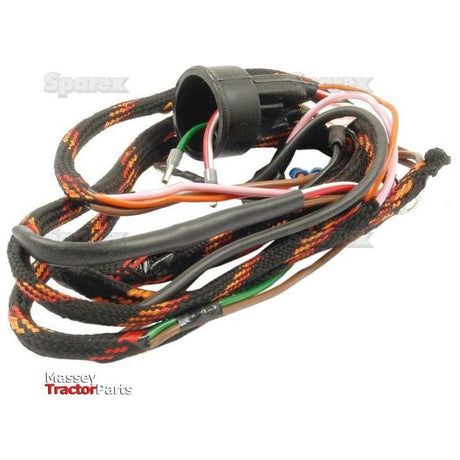 A coiled and bundled set of colored wires with a black plastic connector end, labeled "Sparex" in the lower left corner, perfect for those restoring a Massey Ferguson 35 or utilizing the Perkins A3.152 engine wiring harness; this is the Wiring Harness | Sparex Part No. S.41633.