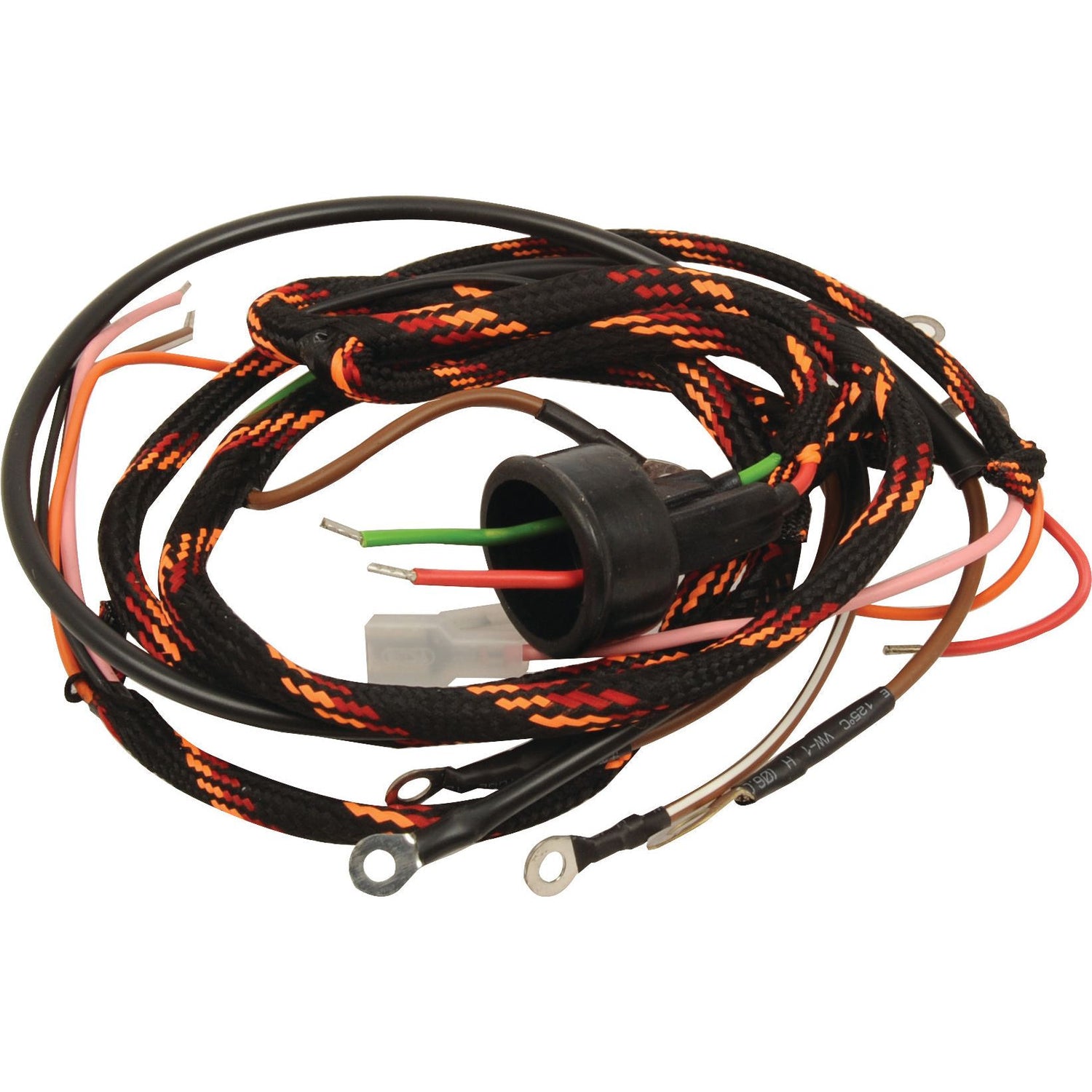 Introducing the Sparex Wiring Harness (Part No. S.43645): a top-quality coiled harness with a distinctive black and orange braided cover, featuring multiple colored wires, ring terminals, and connectors—ideal for your Massey Ferguson diesel engine.