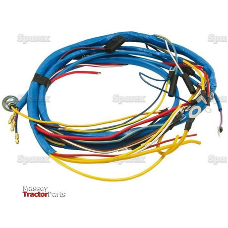 Coiled electrical Wiring Harness | Sparex Part No.S.67031 with blue, yellow, and red wires, some with connectors, on a white background. This high-quality Sparex wiring harness is compatible with Ford/New Holland models.