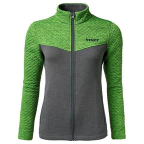 A stylish women's jacket from AGCO, the Fendt Women's Fleece Jacket (X99102006C), features a green quilted upper section and sleeves, with a gray lower section. This durable jacket includes a full front zipper and a small chest logo that reads "FENIT.