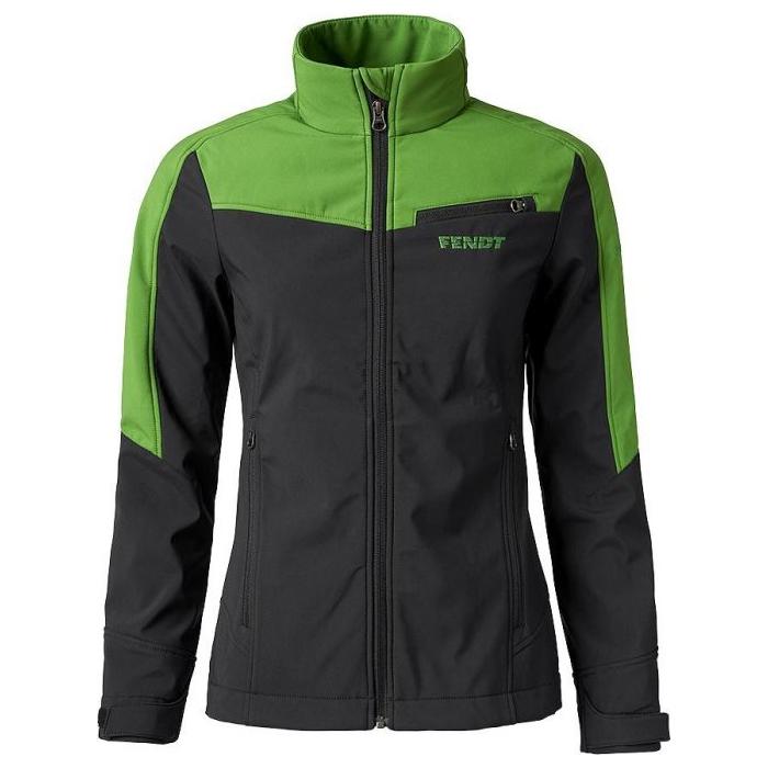 Introducing the Fendt - Women's Softshell Jacket (X99102004C) by AGCO, a stylish and durable zip-up jacket in black and green with a high collar. This women's fitting jacket features multiple zippered pockets and "Fendt" embroidered on the left chest, making it perfect for everyday wear.