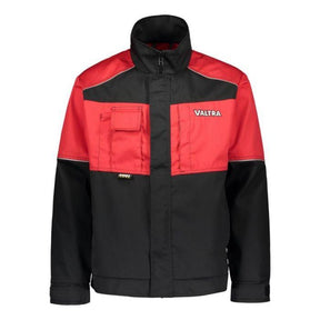 The AGCO Valtra Work Jacket (V4280510) features a high collar, multiple pockets, and a prominent "Valtra" logo on the chest. It combines red and black durable materials for enhanced safety.