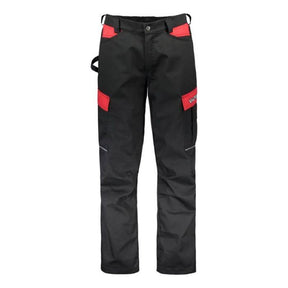 The Valtra Work Trousers (V4280520) by AGCO are black with red accents, featuring multiple multipurpose pockets, belt loops, and a button clasp with a zip fly.