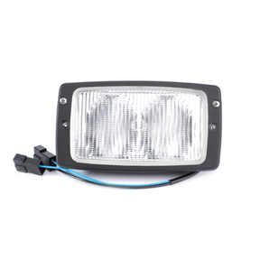 Rectangular vehicle headlight with a black frame and wiring connectors attached, designed as a 2-Bulb Work Light for tractor use, displayed against a white background. This product is the AGCO Massey Ferguson - Worklight Front - 3713132M91.