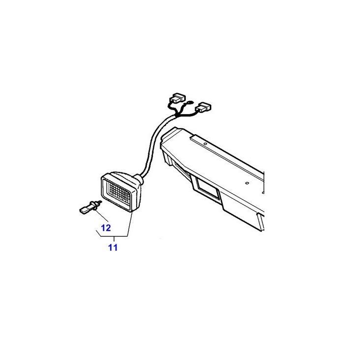 Diagram of a Massey Ferguson vehicle component with a wiring harness labeled parts 11 and 12 near a section of the vehicle's body, including details for installing an AGCO Massey Ferguson Worklight Front (3713134M91).