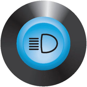 The Worklight Switch (Sparex Part No.S.52808) by Sparex features a blue headlight icon button on a dark circular background, indicating the activation of vehicle headlights, and is designed as a 12V push switch.
