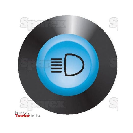 The Sparex Worklight Switch (Part No. S.52808) features a circular design with a blue center displaying a headlight symbol indicative of high beam lights, surrounded by a black outer ring and suited for 12V systems.