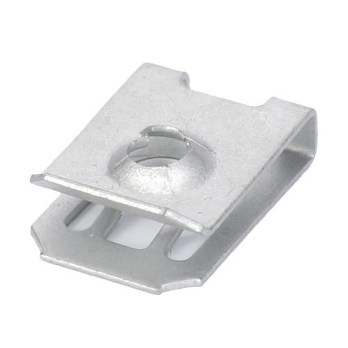 A close-up image of the AGCO Fendt - Speed Nut - X435705100000, a small, metallic spring nut clip with a rectangular shape and a round hole in the center, reminiscent of those found in Fendt Vario FARMER models.