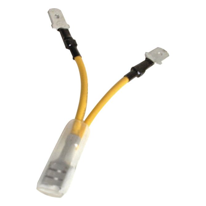 The Sparex Y Cable Assembly 1 Female, 2 Male Terminals (Sparex Part No. S.13411) is a yellow Y-shaped electrical connector featuring two metal terminal ends and a white plastic cover at the base of the split, designed to fit securely with a female terminal.