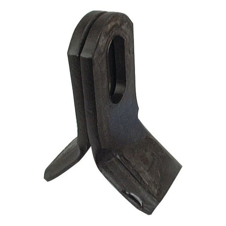 A black metal Y type flail, measuring 85mm in length and 40mm in width with a hole diameter of 32x16mm and a thickness of 6mm, serves as a replacement blade part for an articulating lawnmower, compatible with the Bomford BRIGAND. This is available as the Sparex Part No.S.77929 (To fit as: 0281201).