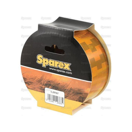 A roll of yellow conspicuity tape, 50mm wide and 12.5m long, is packaged in a box labeled "Sparex." The box includes manufacture information, a handle, a website URL, and a bar code with the number S.29767.