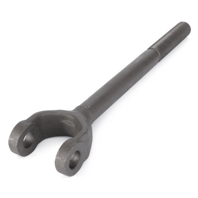 The Massey Ferguson - Yoke - 1863888M91 by AGCO is a metal mechanical component designed specifically for 100 Series tractor parts from Massey Ferguson. It features a long cylindrical shaft and a forked end with two circular holes.