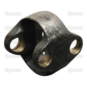 The Yoke Coupling - S.129458 by Sparex is a black, metal yoke featuring two circular openings on each side, designed for mechanical or vehicle use. It is showcased against a white background with the word 'Sparex' faintly printed repeatedly, making it an ideal component for Case IH and International Harvester machinery.