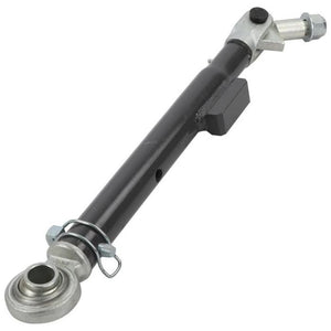 A black and silver AGCO hydraulic cylinder, detailed as the Massey Ferguson - Stabiliser - ACW174640A, with connectors and mounting hardware on both ends, is compatible with Massey Ferguson models like the MF 8650 and MF 8737.