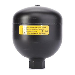 The AGCO Massey Ferguson Accumulator (AL5034102) is a black pressure vessel featuring a yellow caution label. It is pressurized to 15 bar and should only be used with dry nitrogen. Fitment details for this accumulator are currently unavailable.