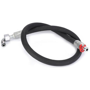 The AGCO Massey Ferguson hydraulic hose (part number AL9032603) features a coiled design with black body, metal fittings on both ends, and a red cap on one fitting, making it suitable for various farming parts.