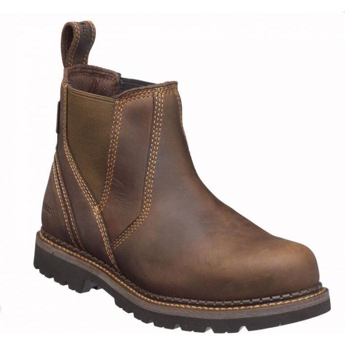 A single Buckler Non-Safety Dealer Boot - B1500 in brown leather, featuring a slip-on design, reinforced stitching, Goodyear welting, and a thick treaded Buckler K2 sole.