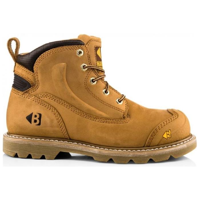 The Buckler - Safety Lace Boot - B650Sm is a tan-colored work boot with reinforced toe and ankle support, featuring a rugged K3 rubber sole and laces for secure fitting.