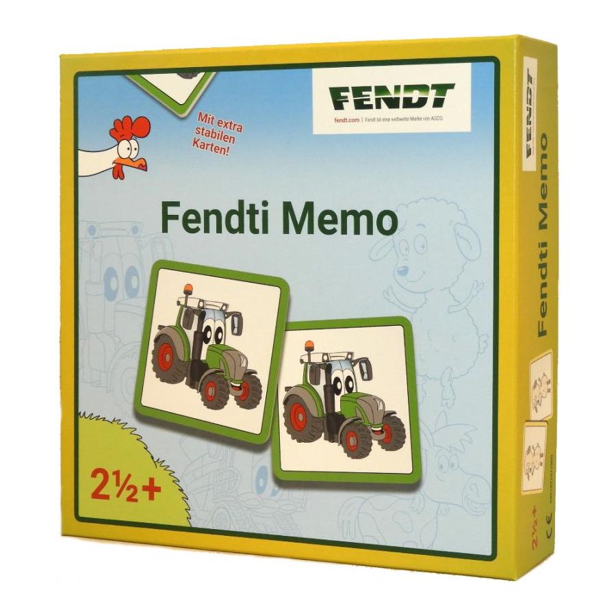 The image showcases the packaging of the "Fendt - Fendti Memo - X991021077000" children's memory game by AGCO, featuring illustrations of Fendt tractor cards. The predominantly green and yellow box promotes language development and is recommended for ages 2.5 years and up.