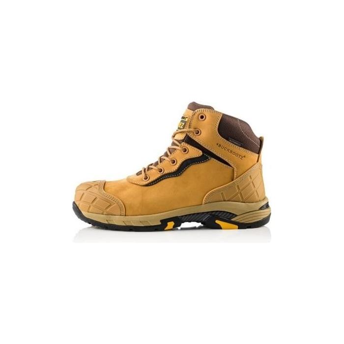 Introducing the Buckler - Tradez Blitz Waterproof Safety Boots - Blitzhy, tan and black in color, featuring a rugged sole and ankle support with lace-up closure. These lightweight safety boots provide metal-free toe protection for your utmost safety and comfort.