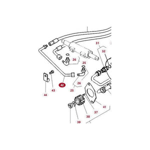 Diagram of a mechanical assembly with numbered components. The parts include pipes, connectors, brackets, bolts, and a steering tube labeled as Massey Ferguson - Massey Ferguson Tube - 3701244M1 from the AGCO brand, each identified with a red number.