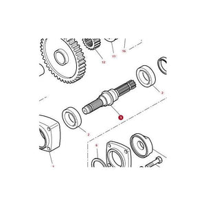 Illustration of an exploded view of a mechanical assembly, featuring various components including gears, bearings, and a central shaft labeled "1", inspired by AGCO's Massey Ferguson PTO Shaft - 4372078M1.