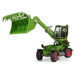 The AGCO Fendt - FENDT Cargo T955 (X991021003000) is a green, heavy-duty wheel loader featuring large tires and an extended boom with a grapple bucket attachment, designed for construction or agricultural use. This 1:32 scale die-cast model is perfect for enthusiasts and collectors.