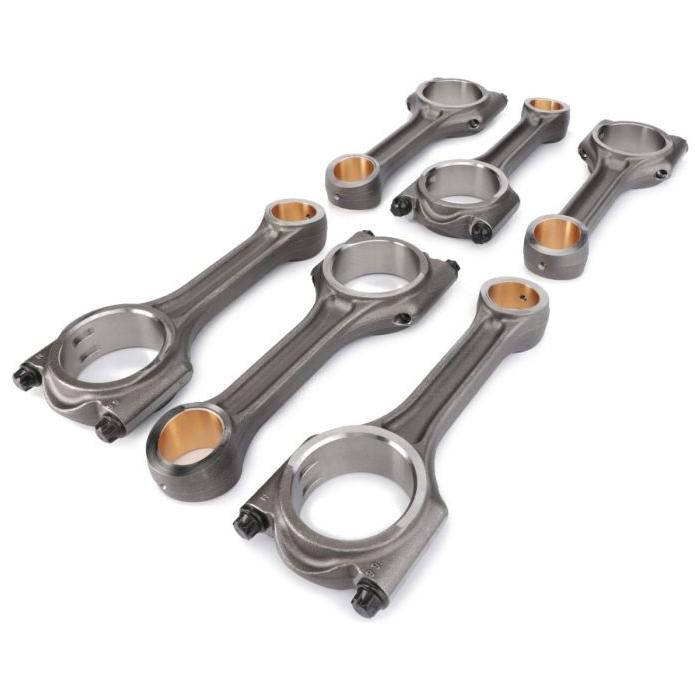 Six Massey Ferguson connecting rods, Kit 6-Cyl - V836840928, from AGCO with bronze bushing inserts, arranged in two rows on a white background.